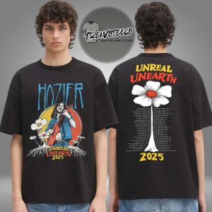 Hozier Unreal Unearth Tour 2025 Black Flower Two Sided Unisex T-Shirt