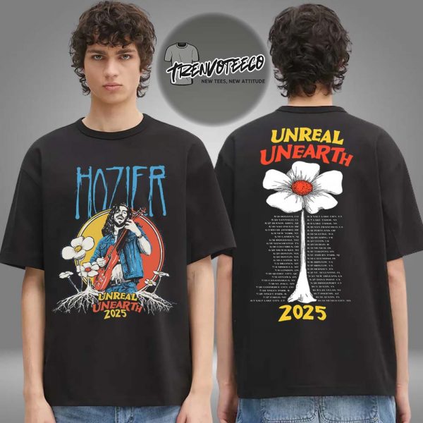 Hozier Unreal Unearth Tour 2025 Black Flower Two Sided Unisex T-Shirt
