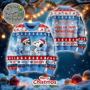 Bluey Snoopy Peanuts Merry Christmas Human Makes My Head Hurt Ugly Sweater