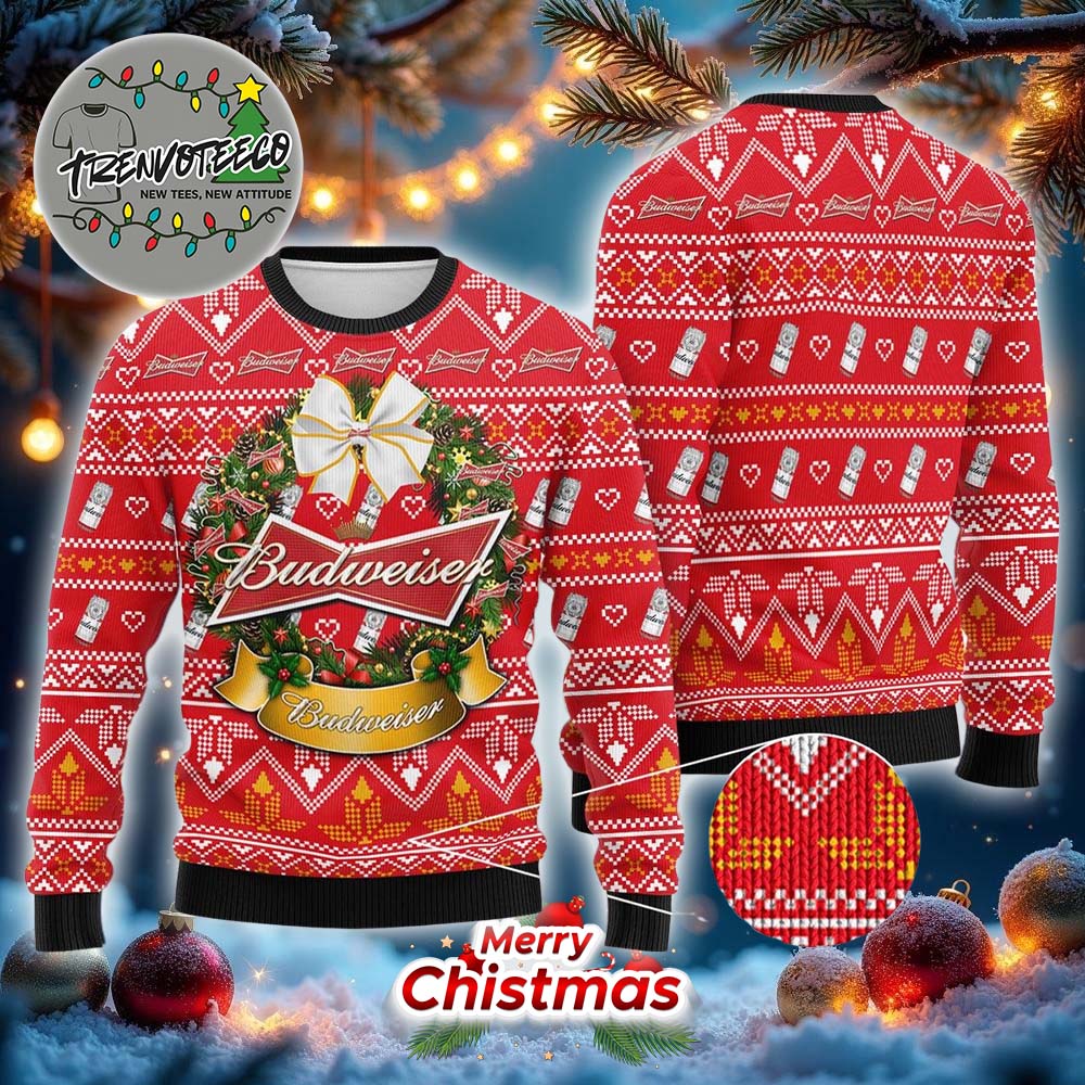 Budweiser Xmas Laurel Wreath Best Gifts For Holiday 2025 Christmas Ugly Sweater Budweiser Xmas Laurel Wreath Best Gifts For Holiday 2025 Christmas Ugly Sweater