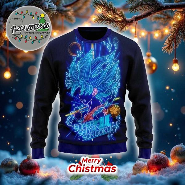 Dragon Ball Z Super Saiyan Blue Goku Neon Ugly Xmas Sweater