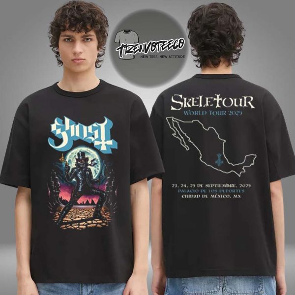 Ghost Band Merch Skeletour World Tour 2025 At Palacio De Los Deportes In Chidad De Mexico MN On September 23 24 25 2025 Skeleton Full Moon Two Sided Unisex T-Shirt