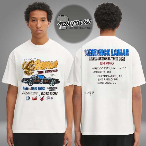Kendrick Lamar Grand National Tour Merch Gloria Tire Service LATAM Two Sided Unisex T-Shirt