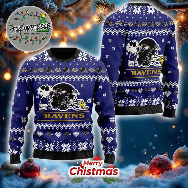 Snoopy And Woodstock Baltimore Ravens NFL Christmas Ugly Sweater