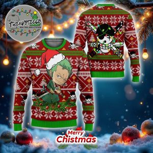 Zoro Chibi With Christmas Hat Xmas One Piece Best Give For Fans Anime Ugly Christmas Sweater