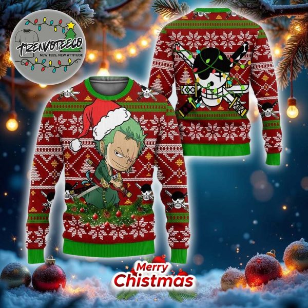 Zoro Chibi With Christmas Hat Xmas One Piece Best Give For Fans Anime Ugly Christmas Sweater