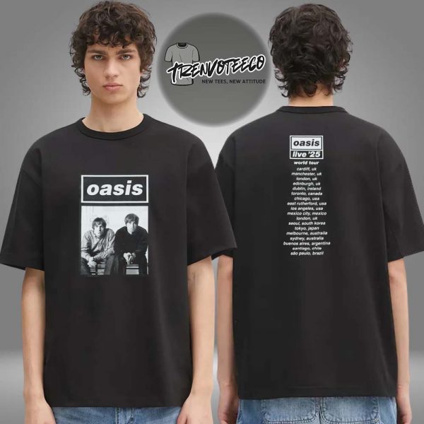 Oasis Merch Tokyo JP Live 25 Tour At Tokyo Dome On October 25 26 2025 Tour Photo Mono Two Sided Unisex T-Shirt
